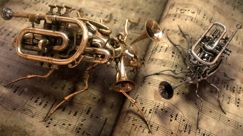 Steampunk insects with trumpets