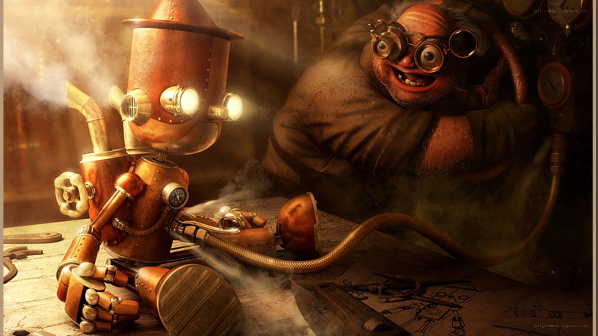steampunk inventor and robot