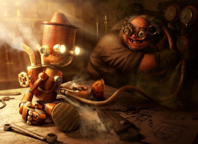 steampunk inventor and robot