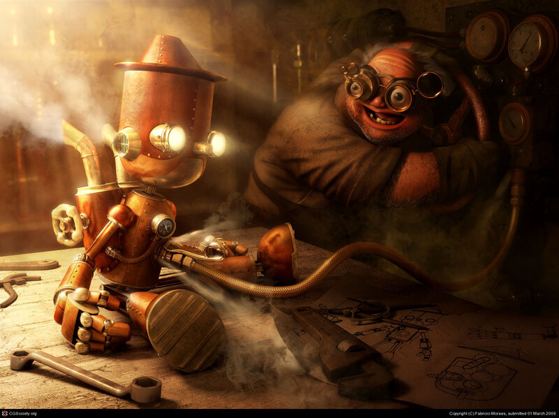 Steampunk inventor and robot