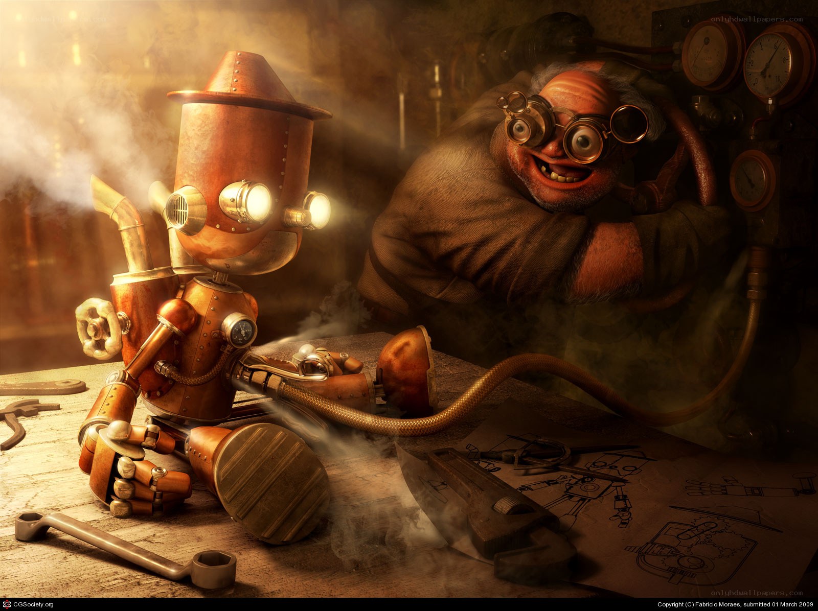 Steampunk inventor and robot