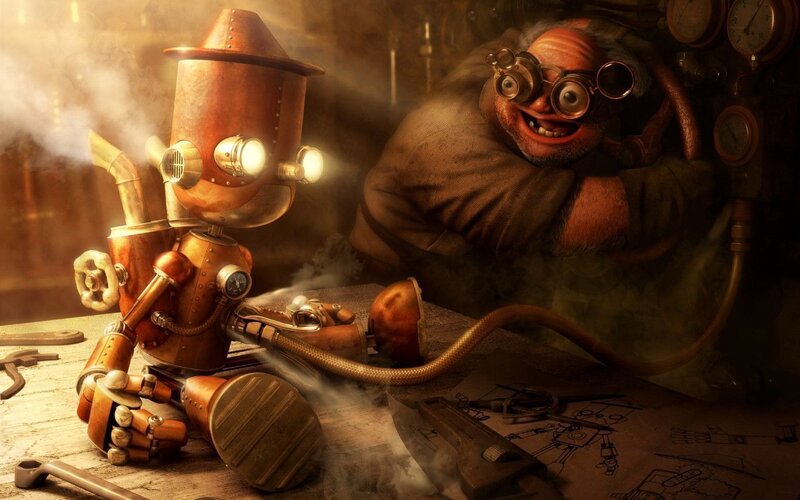 steampunk inventor and robot