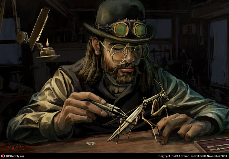 Steampunk inventor working on insect