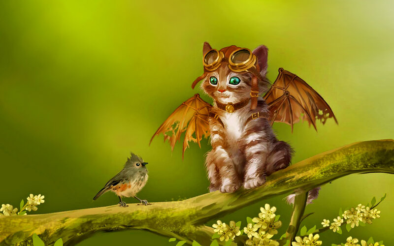 Steampunk Kitten with Wings — Green