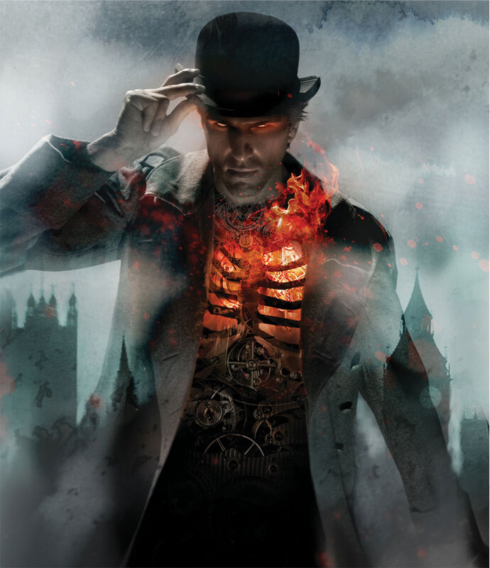 steampunk man with glowing chest