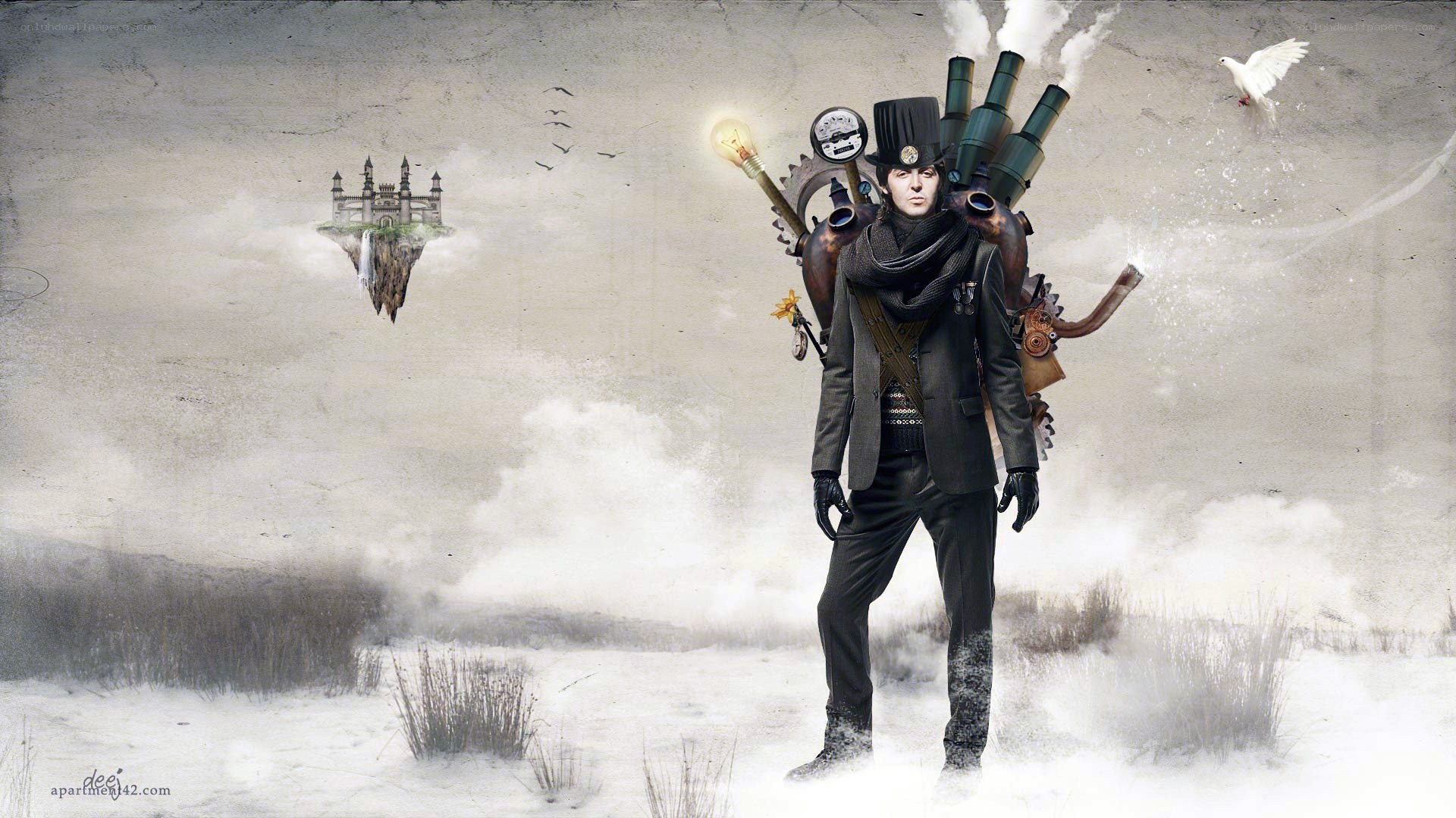 steampunk man with mechanical backpack