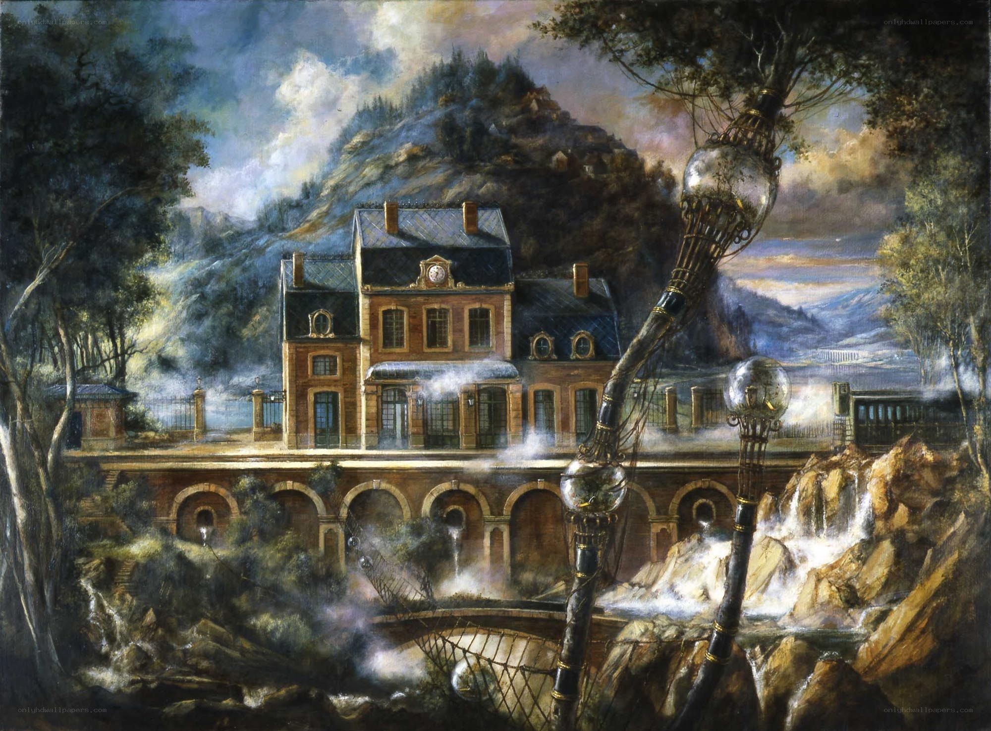 Steampunk mansion by the river