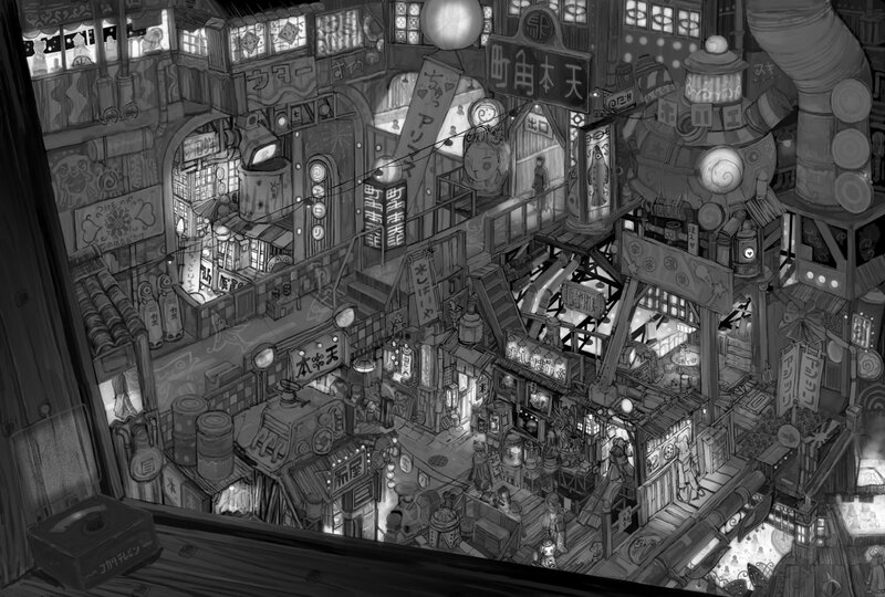 steampunk market alley