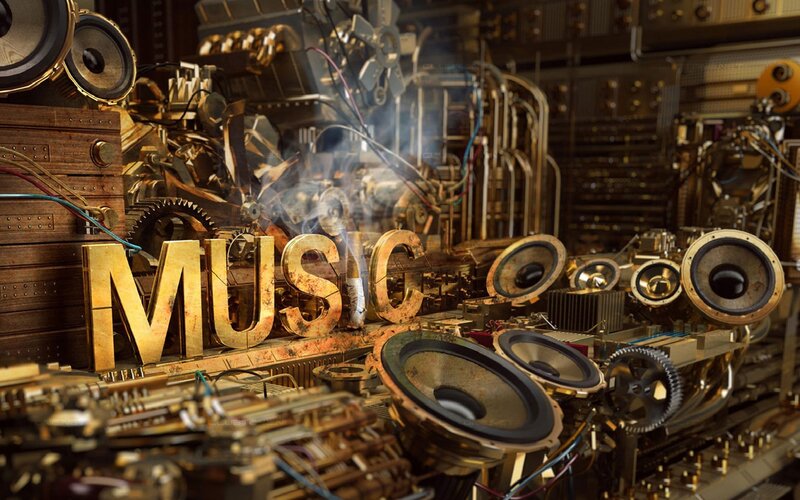 Steampunk Music Machine — Gold, Dramatic, Digital Art