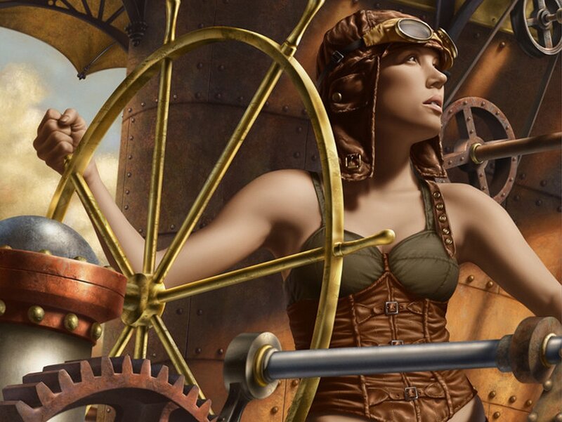 steampunk pilot at the helm