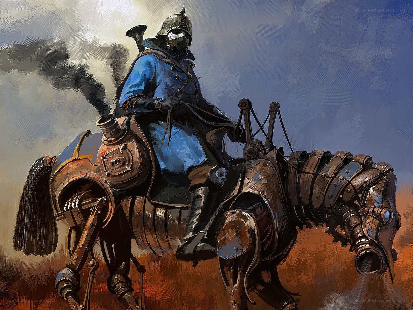 Steampunk rider on mechanical steed