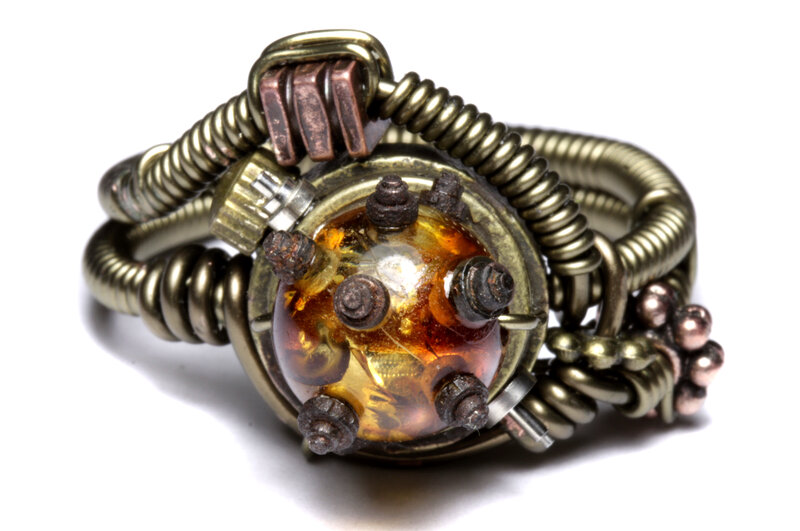 steampunk ring with amber centerpiece