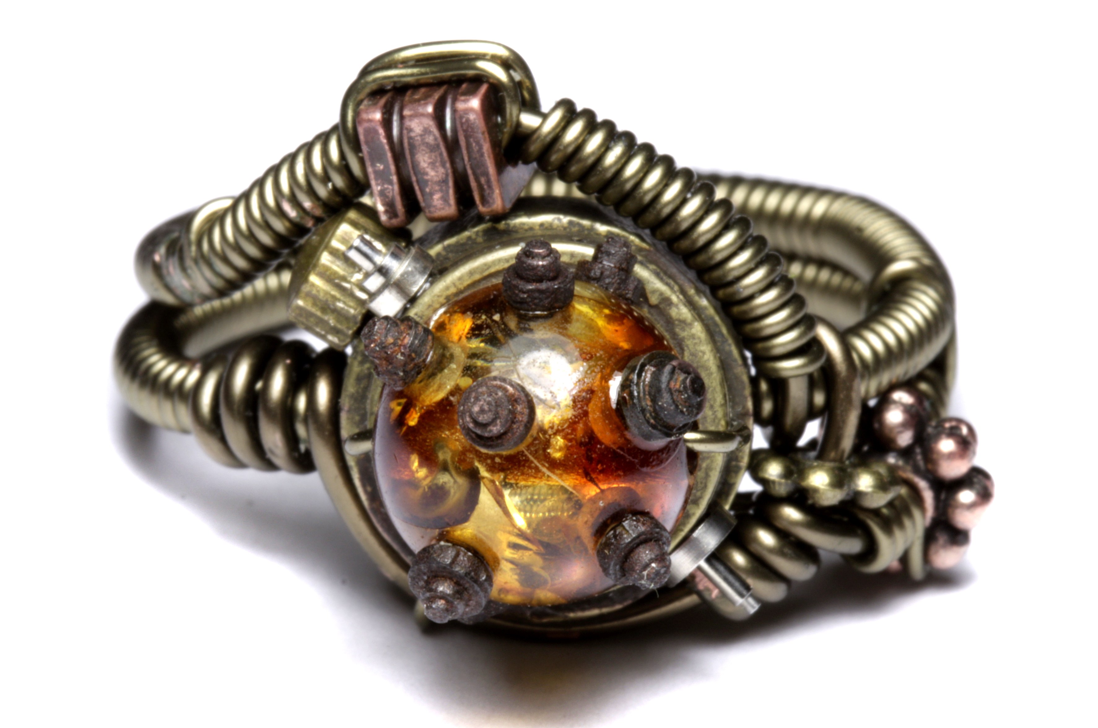 steampunk ring with amber centerpiece