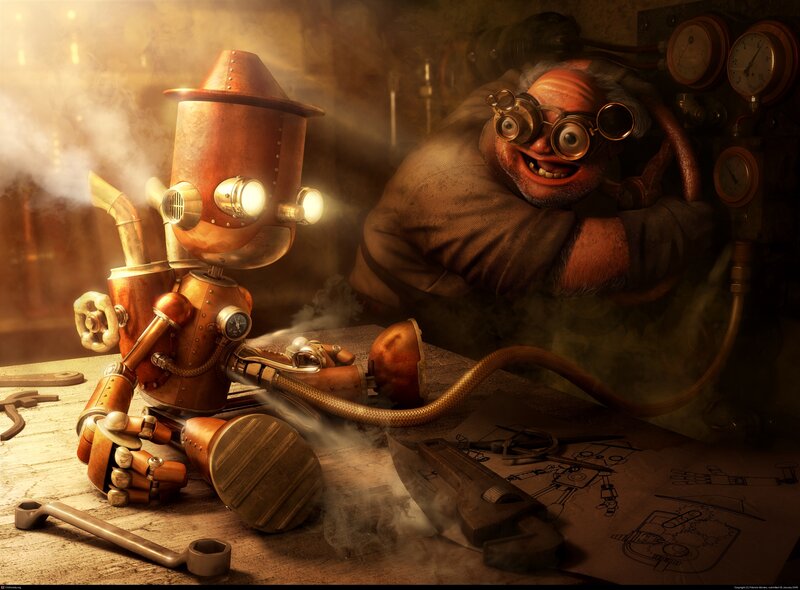 Steampunk Robot and Inventor — Brown