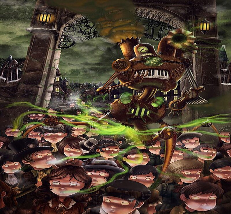 Steampunk Robot Attacking Crowd