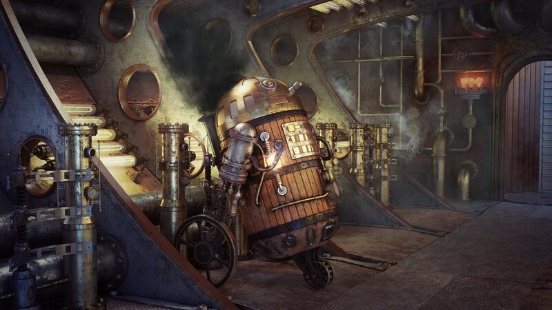 Steampunk Robot in Engine Room — Brown