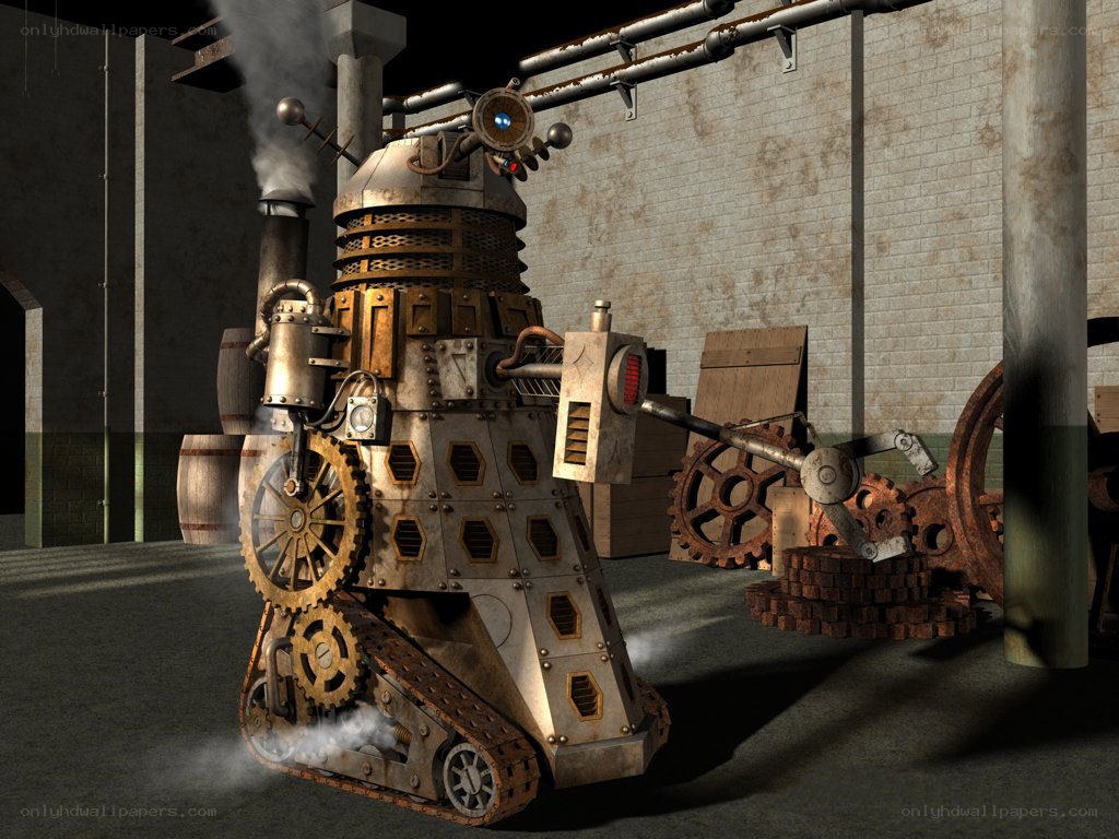 steampunk robot in factory