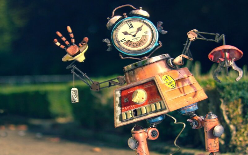 steampunk robot with clock head