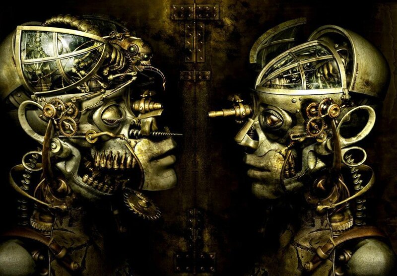Steampunk Robots Facing Each Other