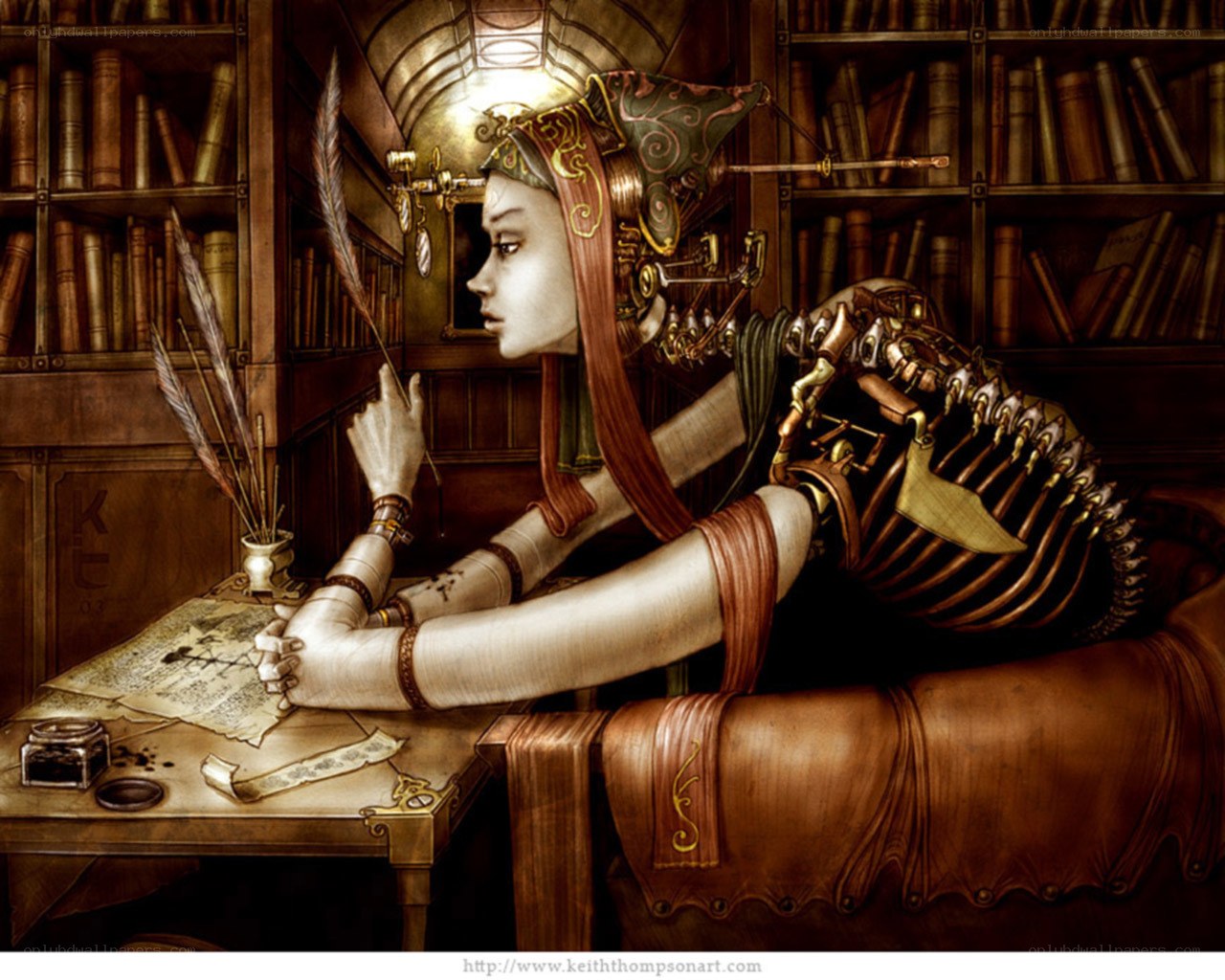 steampunk scribe in library