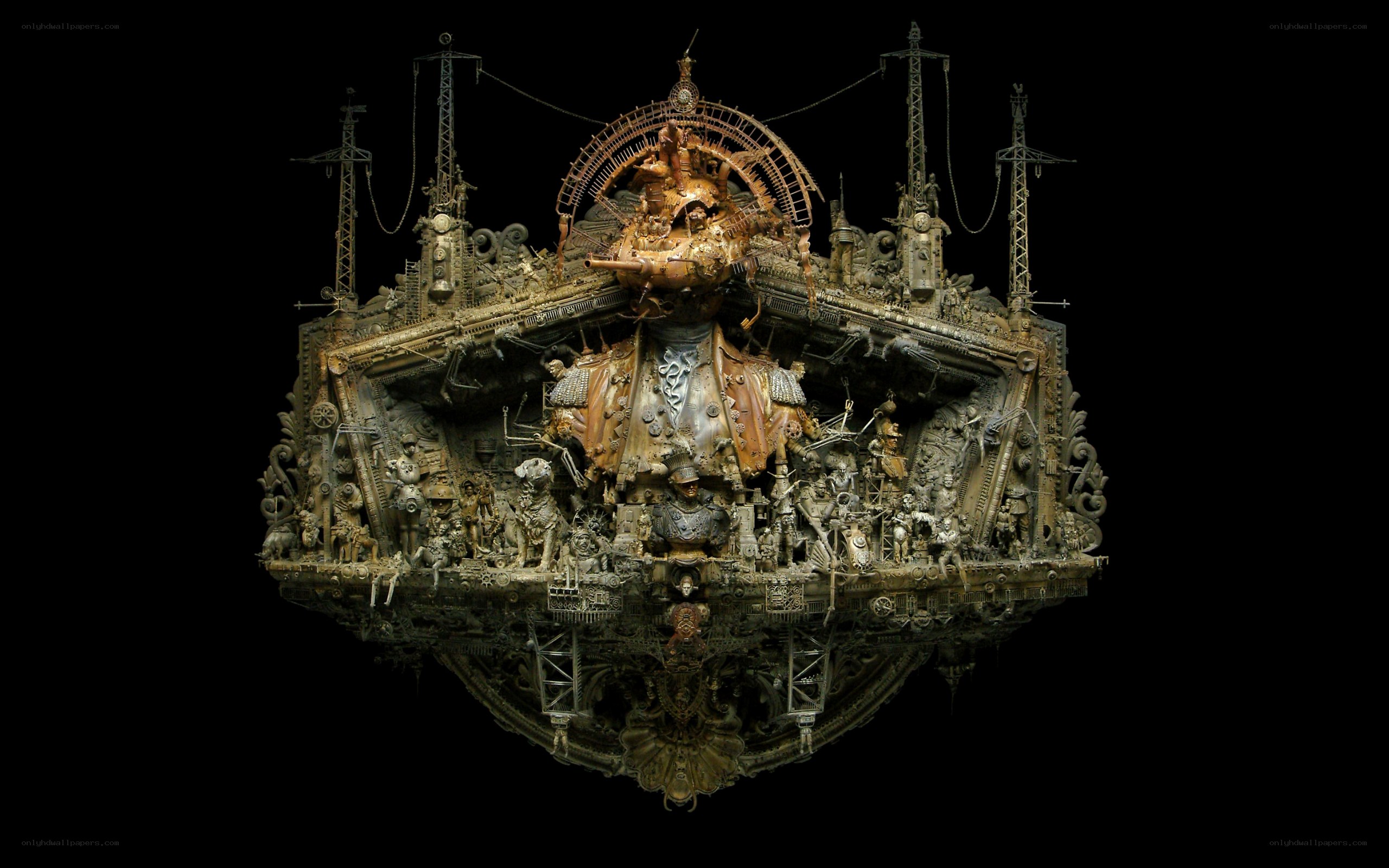 steampunk sculpture with mechanical figures