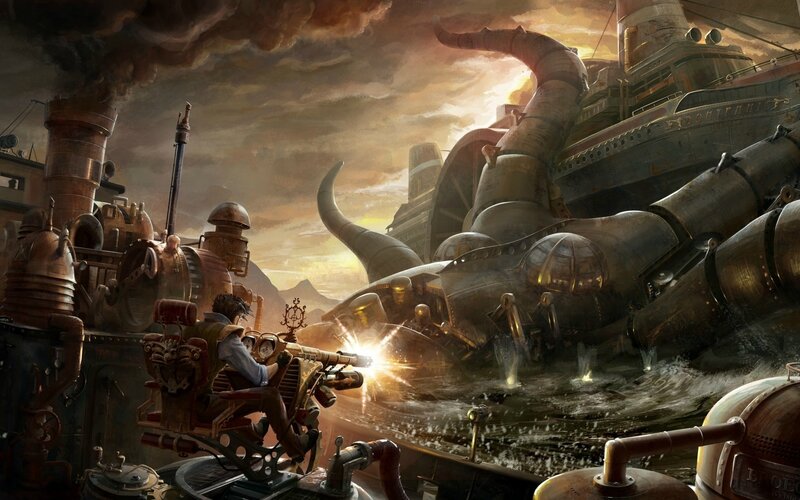 Steampunk Ship Battle — Brown, Dramatic, Sunset, Digital Art, Gun