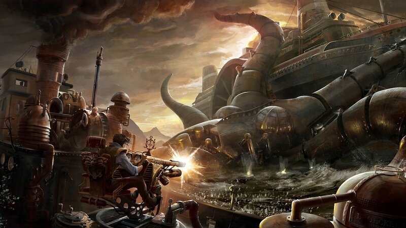 Steampunk Ship Battle — Brown, Dramatic, Sunset, Digital Art
