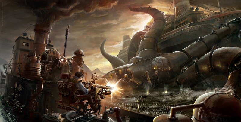 Steampunk Ships in Battle — Brown