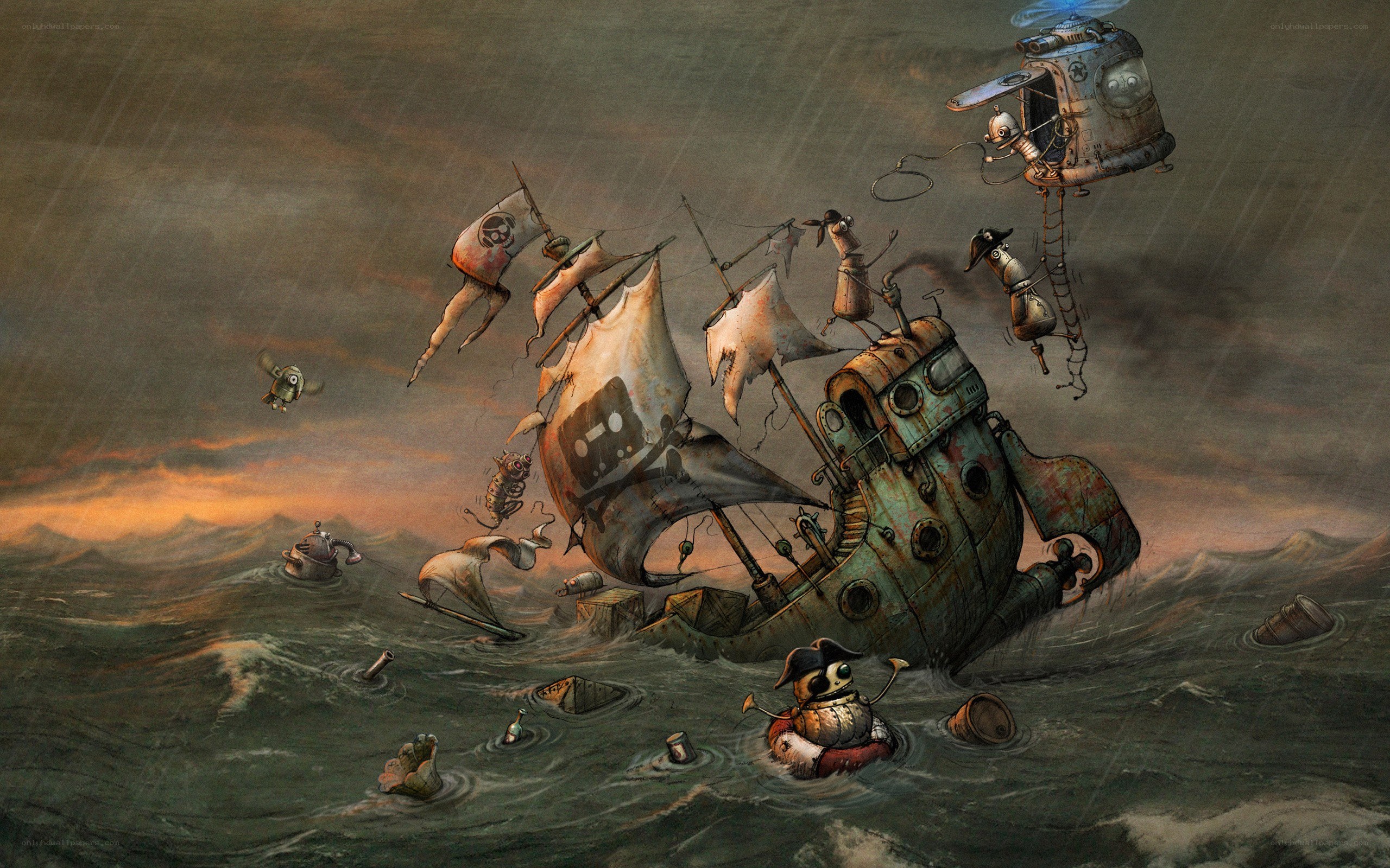 Steampunk shipwreck at sea