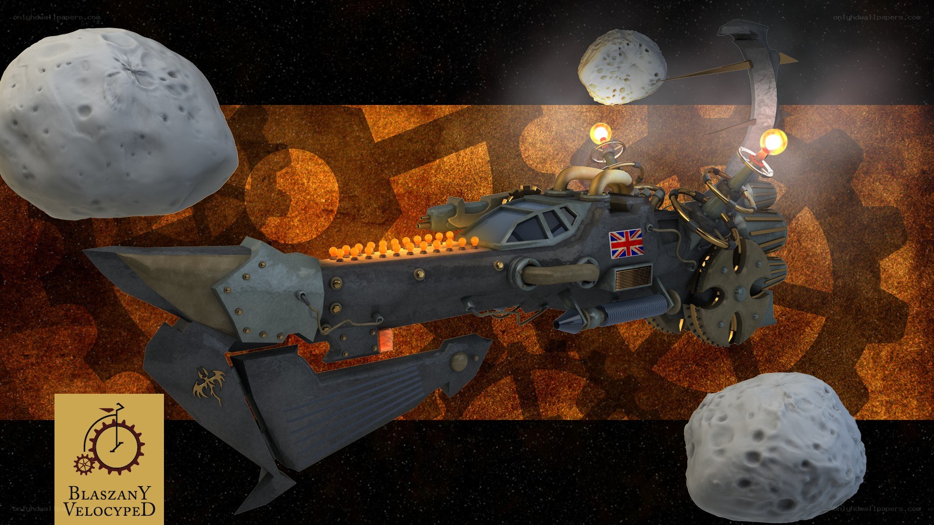 Steampunk spaceship in asteroid field