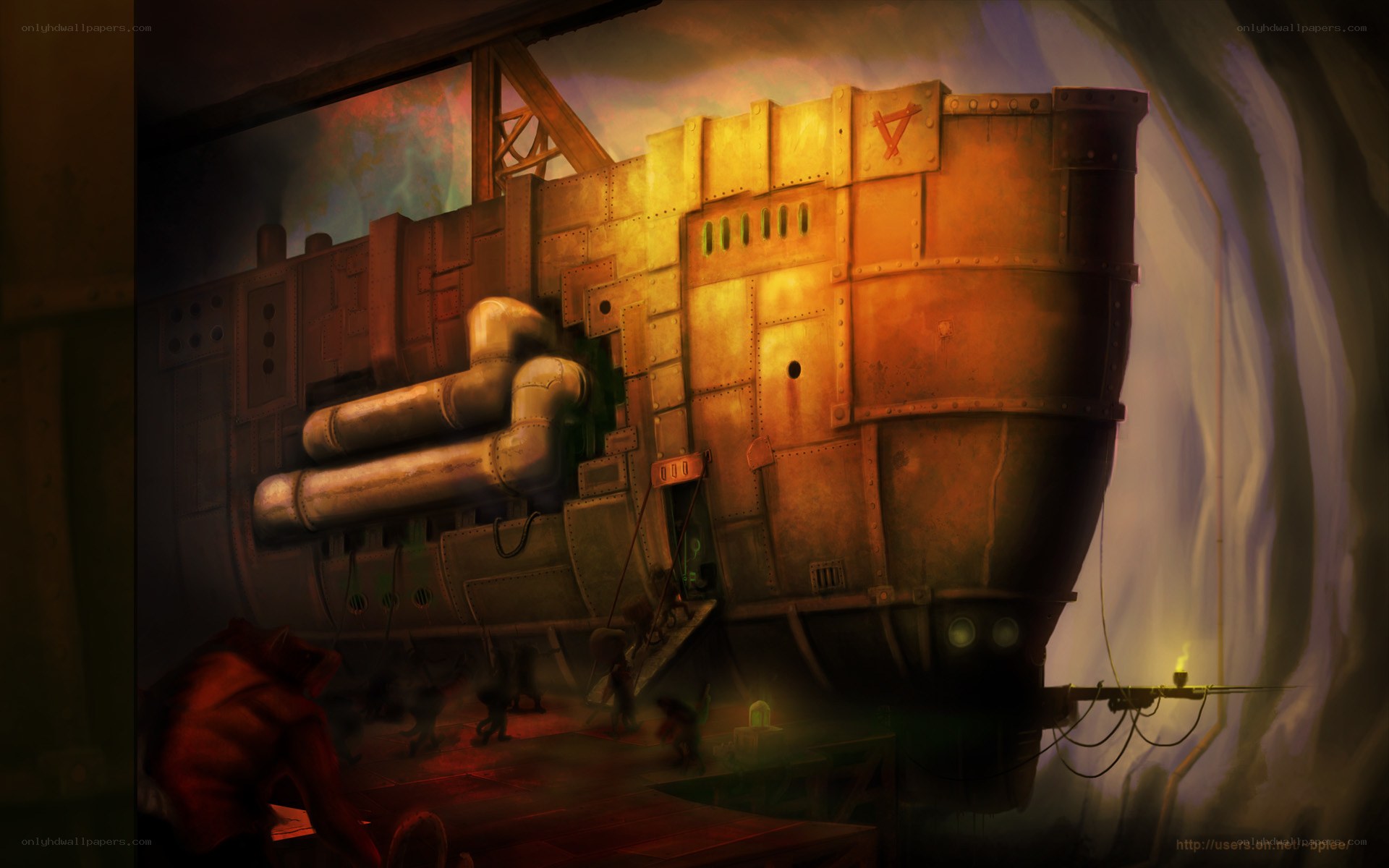 steampunk submarine in cavern