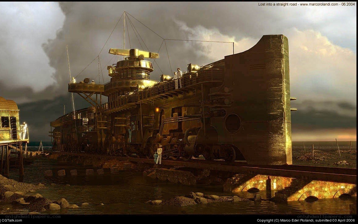Steampunk submarine on shore
