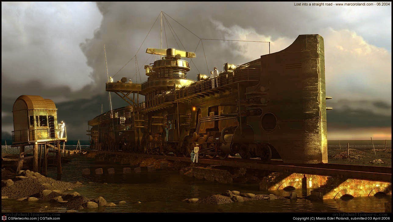 Steampunk submarine on shore