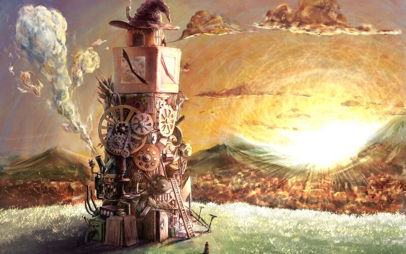 steampunk tower at sunset