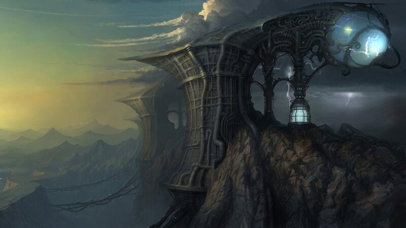 steampunk tower on a cliff