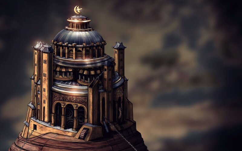 steampunk tower with crescent moon