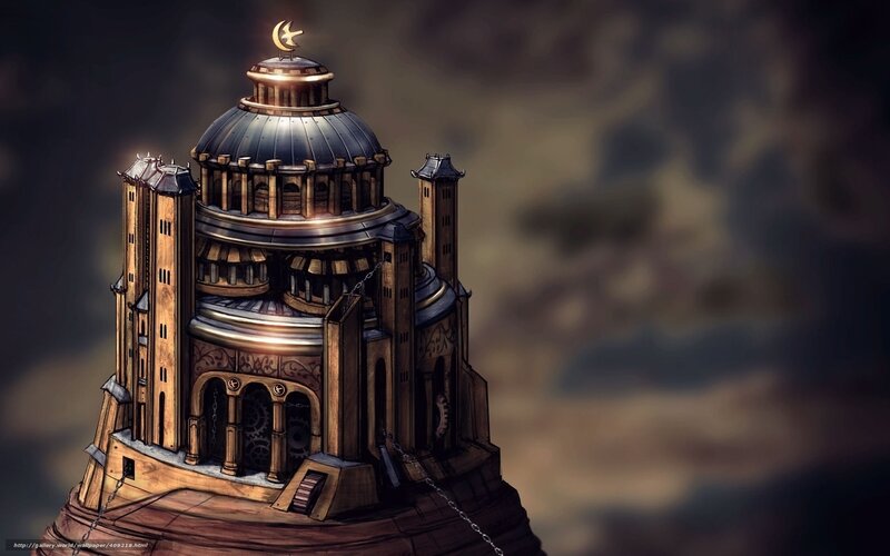 steampunk tower with crescent moon