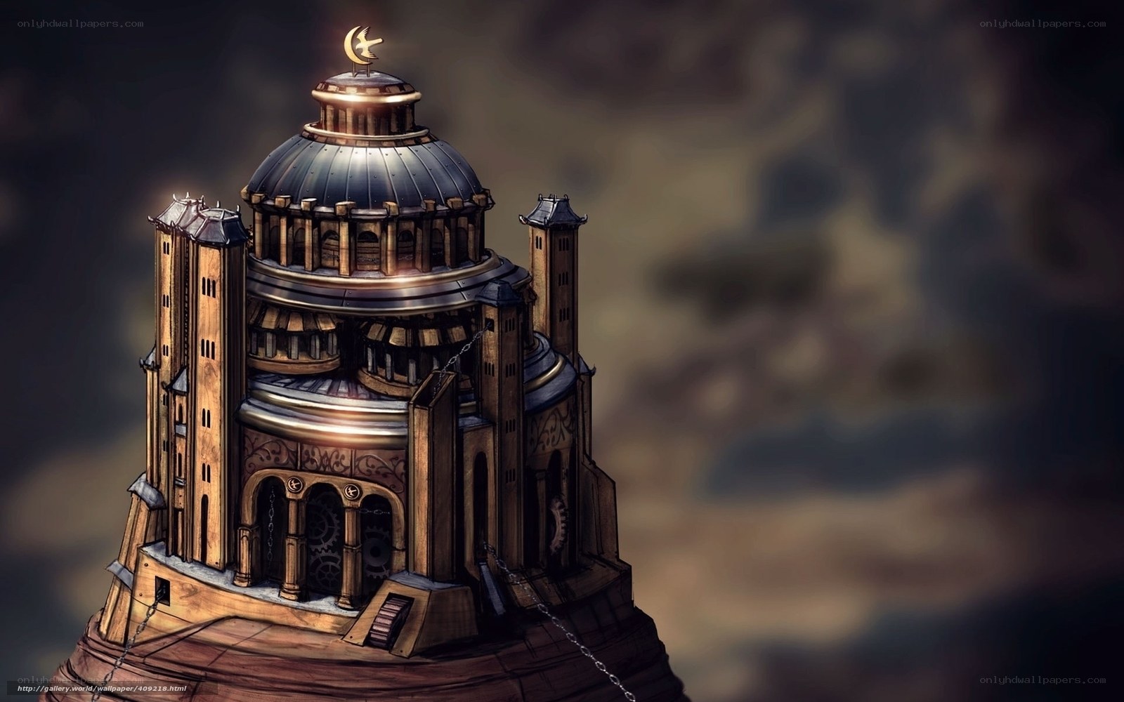steampunk tower with crescent moon