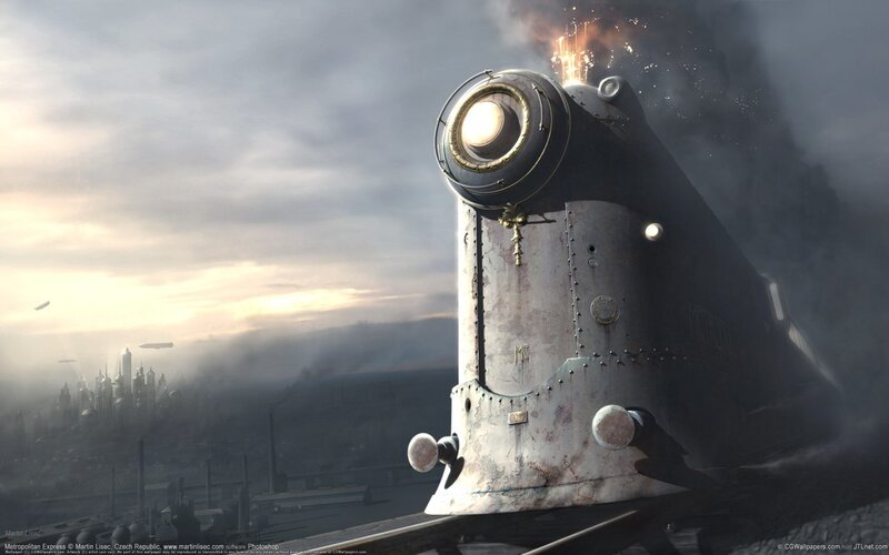 Steampunk train in foggy city