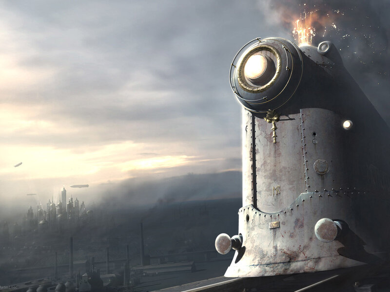 steampunk train in foggy city
