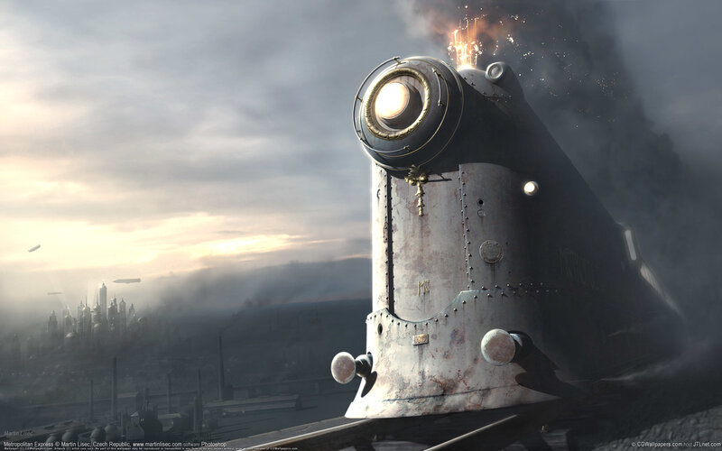 Steampunk train in foggy city