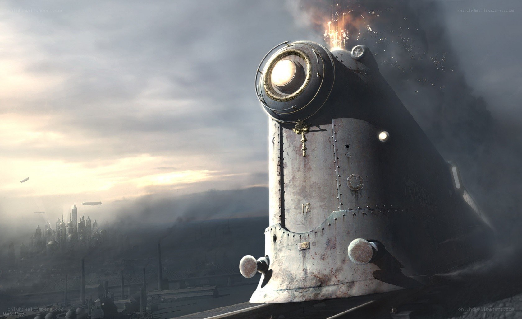 steampunk train in industrial city