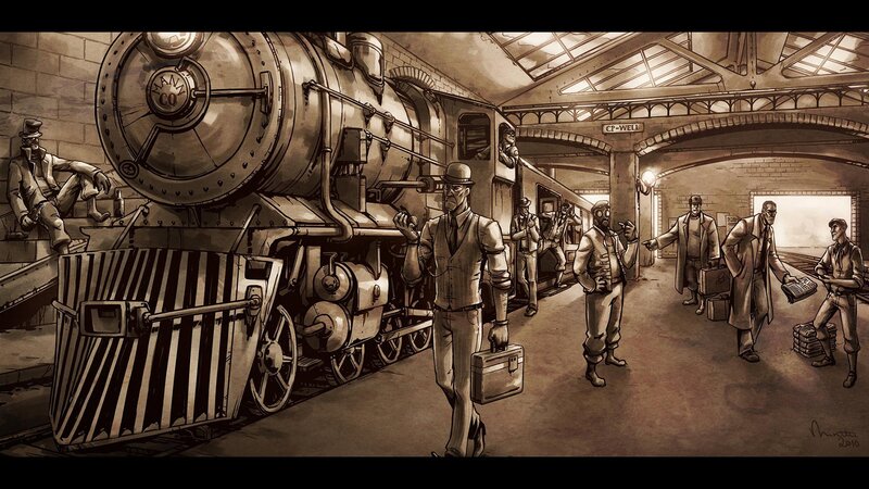 Steampunk train station scene