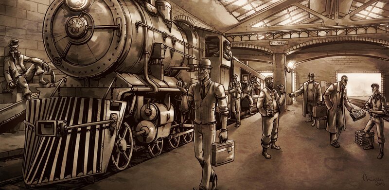 Steampunk train station scene