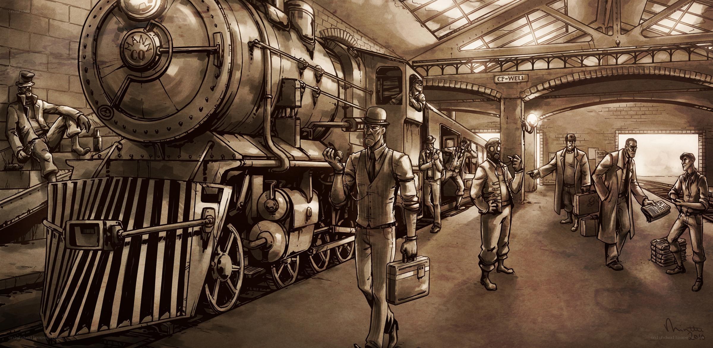 Steampunk train station scene
