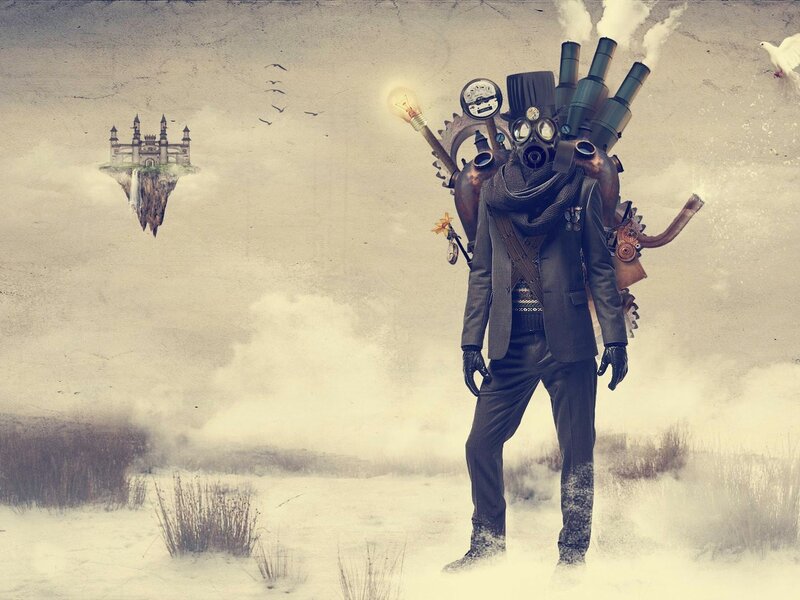 Steampunk traveler in a surreal landscape