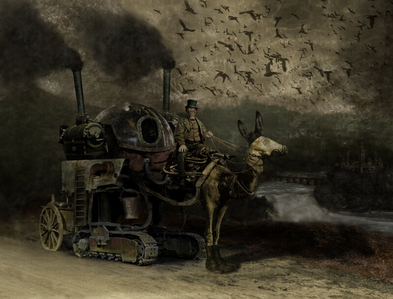 Steampunk traveler with mechanical vehicle