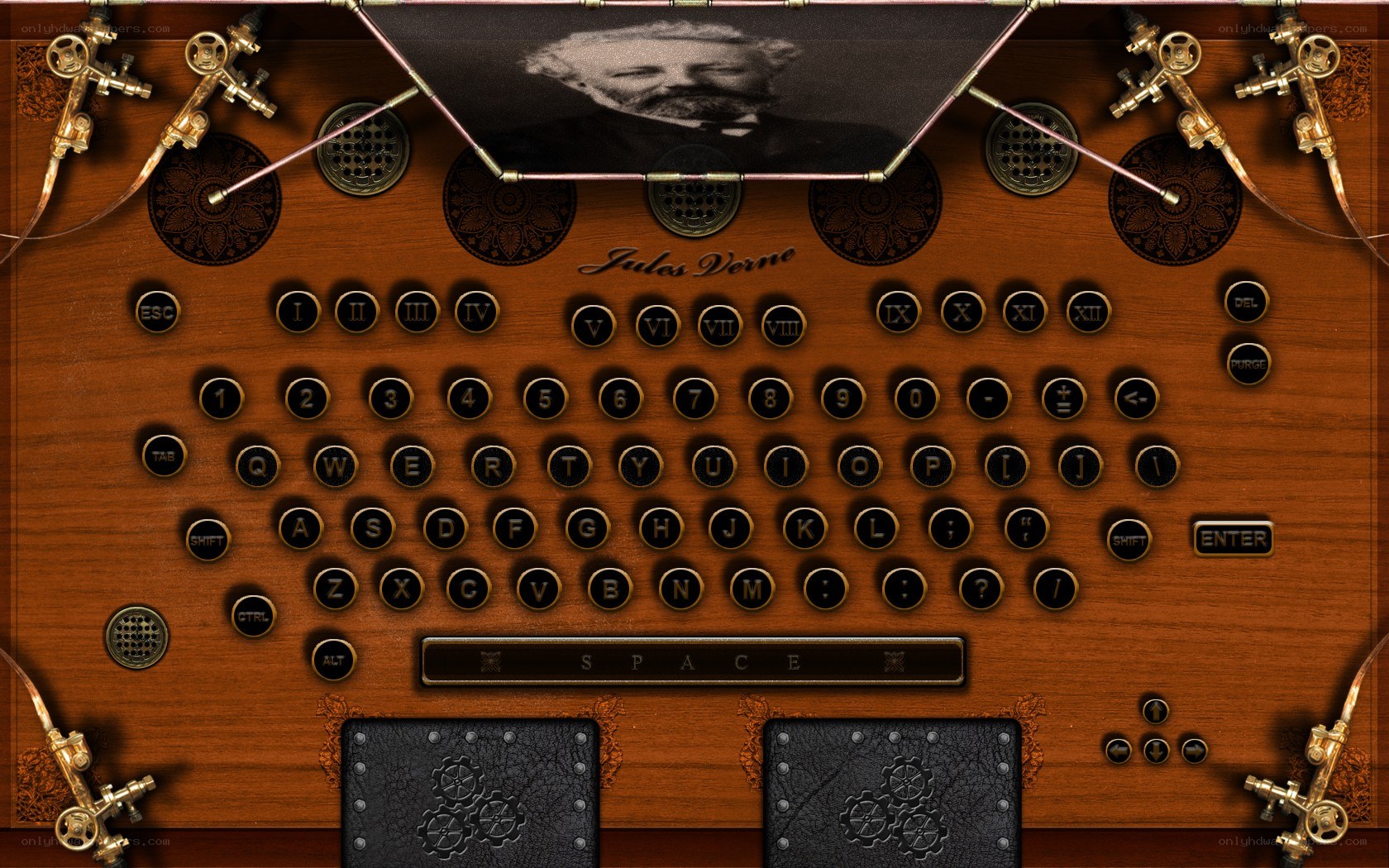 Steampunk typewriter with Jules Verne portrait