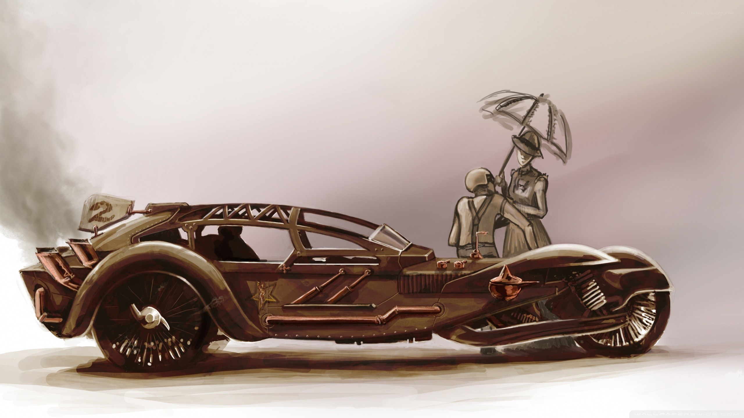 steampunk vehicle with passengers