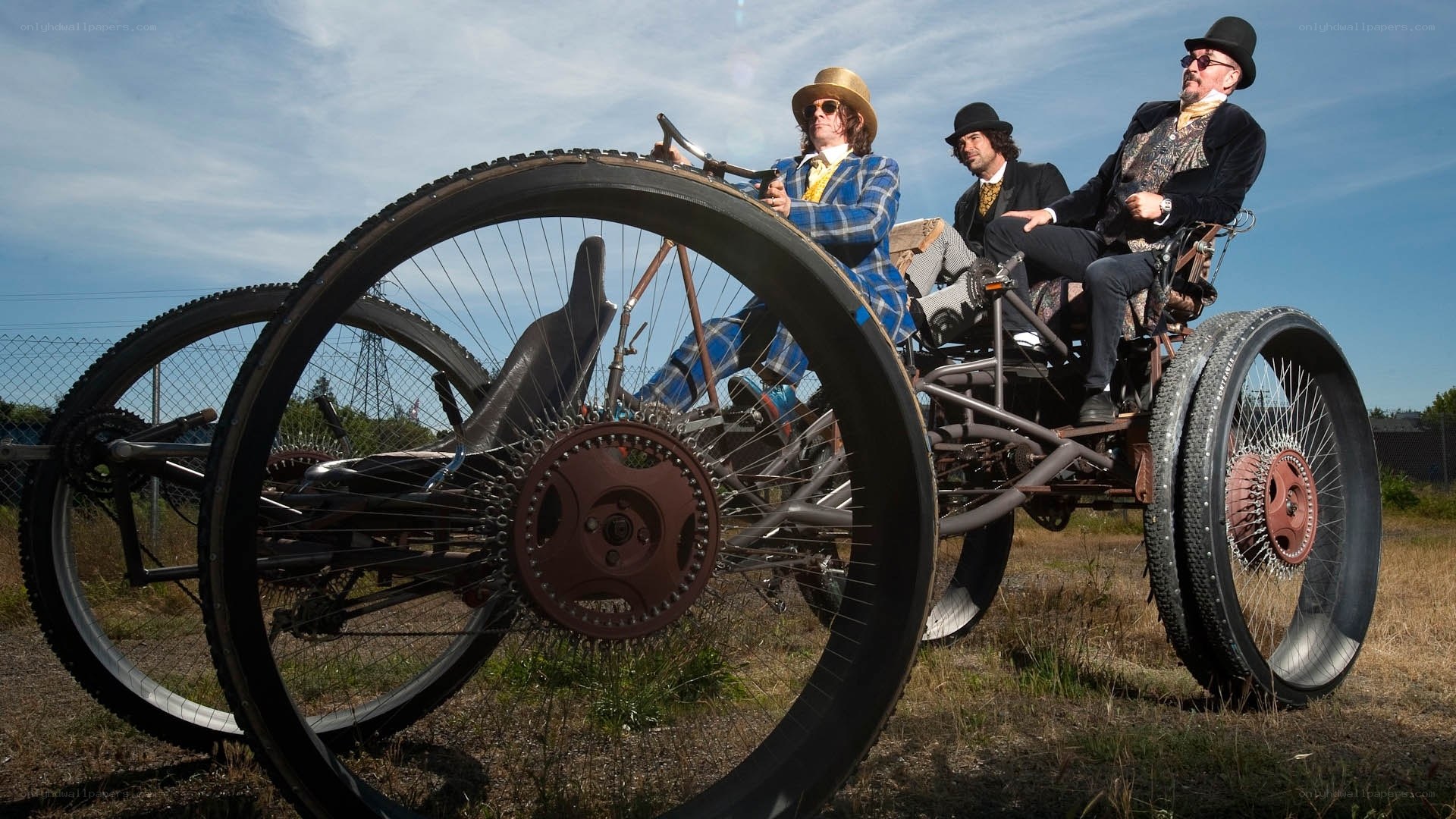 Steampunk vehicle with three riders